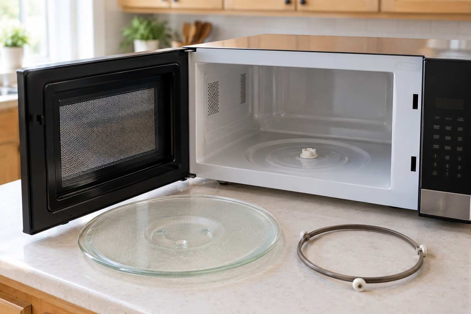 Open microwave with the glass tray and roller ring removed, showing the center drive hub